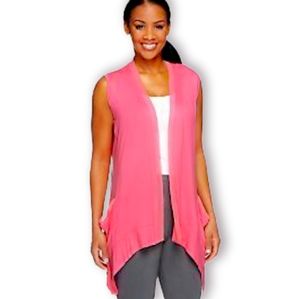 LOGO by Lori Goldstein V-Neck Vest Chiffon Trim Hot Pink NWOT